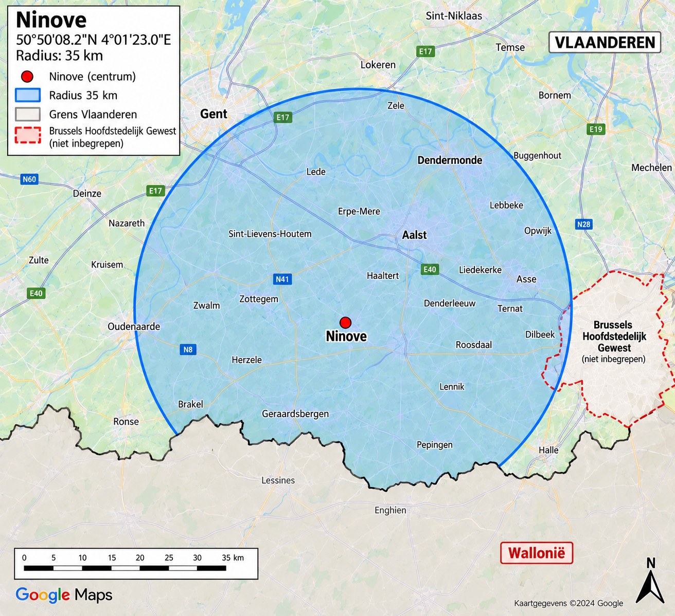 Kaart van het werkgebied rond Ninove in Vlaanderen